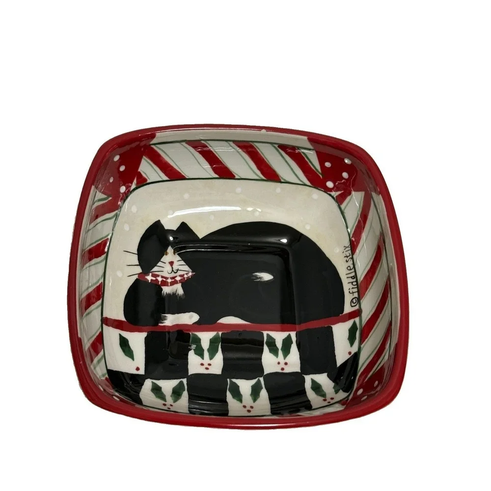 Sakura‎ By Oneida Candy Cane Cat Square Serving Bowl Tuxedo Cat Fiddlesticks 6